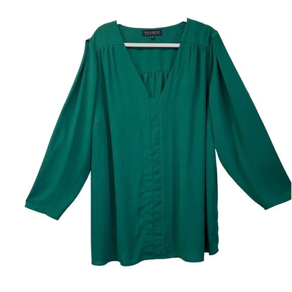ELOUQUII Womens Size 24 Dark Green V Neck Sheer Blouse - Picture 1 of 11
